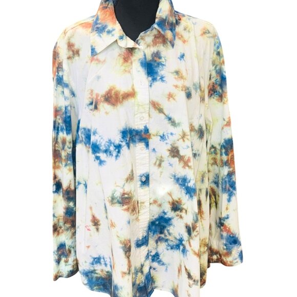 Lane Bryant Women Tie-Dye Button-Down Casual Shirt Plus Size 24 Cream Multicolor - Picture 1 of 8